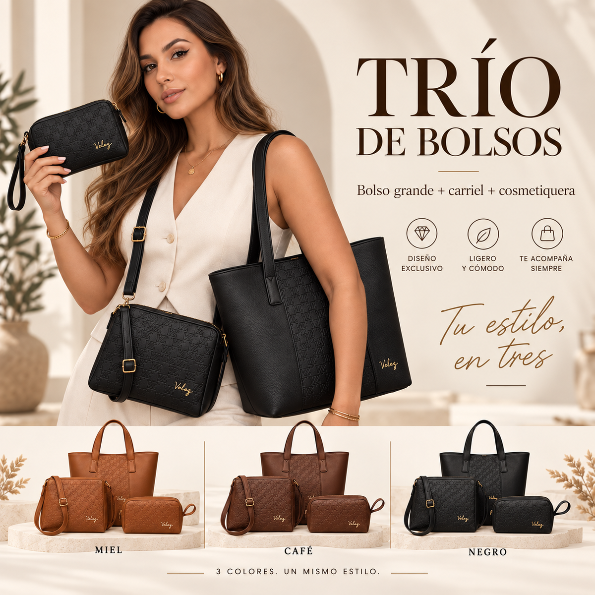 TRIO PREMIUM DE BOLSOS VÉLEZ 👜👝💛🤎🖤