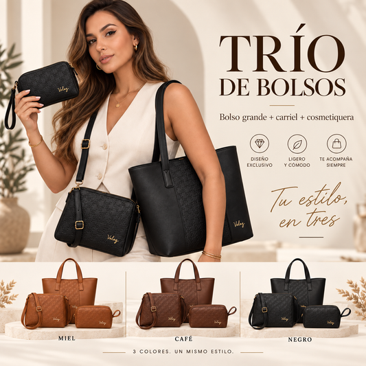 TRIO PREMIUM DE BOLSOS VÉLEZ 👜👝💛🤎🖤